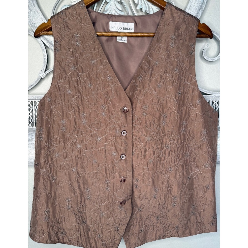 Vtg Hello Brian Brown 100% Silk Floral Embroidered Button Front Vest Large